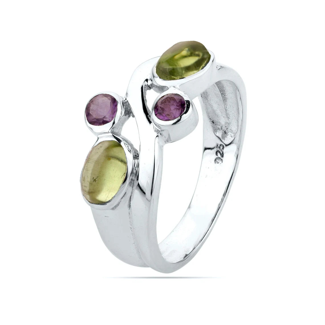 Oval Peridot Round Amethyst Ring, Amethyst Peridot Silver Ring, Peridot Amethyst Gemstone Ring