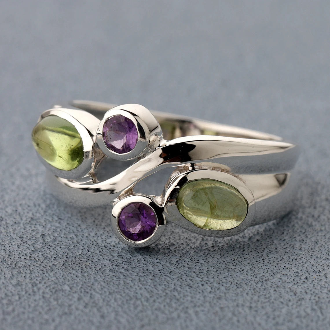 Oval Peridot Round Amethyst Ring, Amethyst Peridot Silver Ring, Peridot Amethyst Gemstone Ring