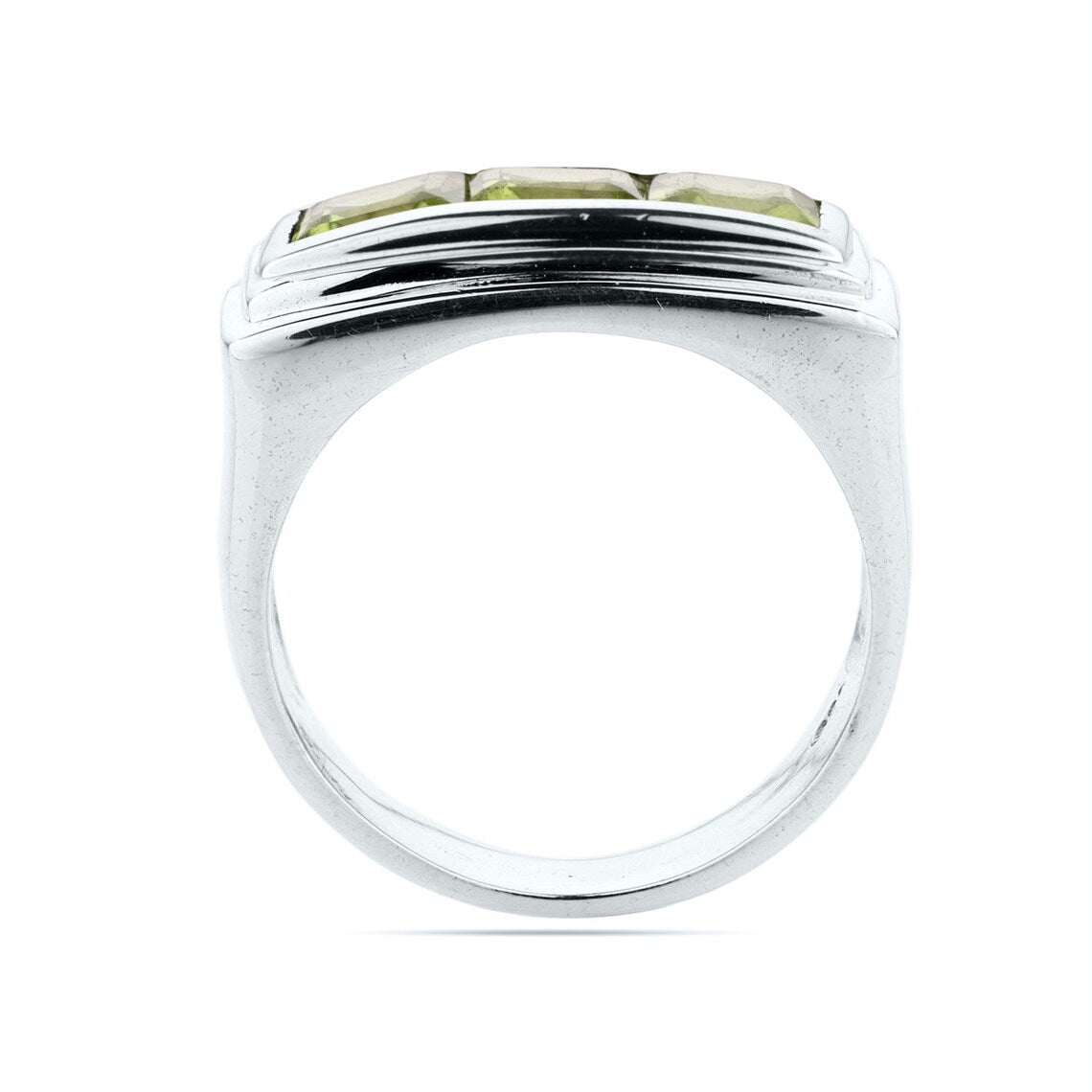 peridot square shape ring, three peridot gemstone ring, sterling silver ring
