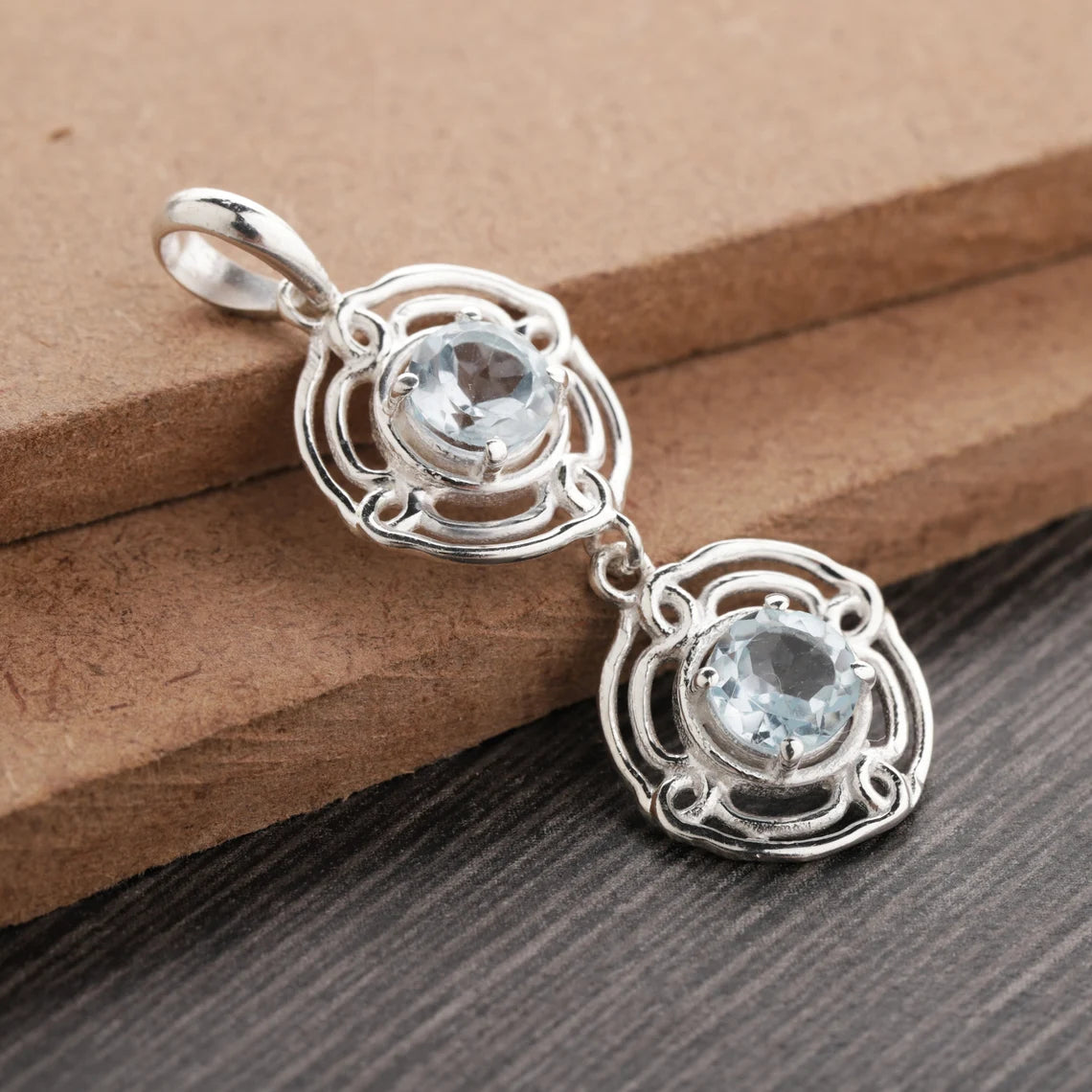 Blue Topaz Silver Pendant - Blue Topaz Round Pendant - Sterling Silver Blue Topaz Designer Pendant - Unique 2 Gemstone Pendant