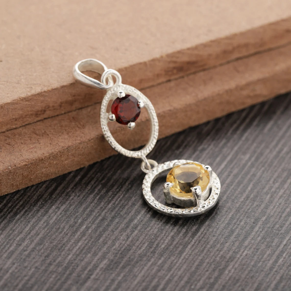 Garnet Citrine Gemstone Pendant- Round Cut Pendant - Sterling Silver Citrine Pendant - stamped 925 Pendant