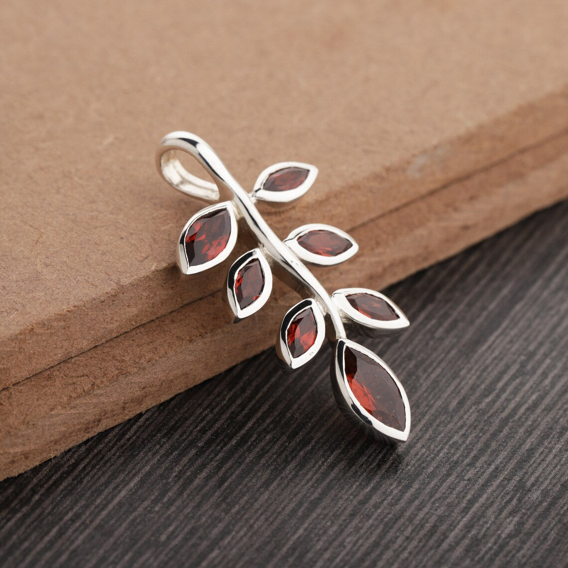 Garnet Leaf Pendant, Natural Garnet December Birthstone, Handmade Sterling Silver Dainty Charm Necklace,Minimalist Jewelry For Gifting Women