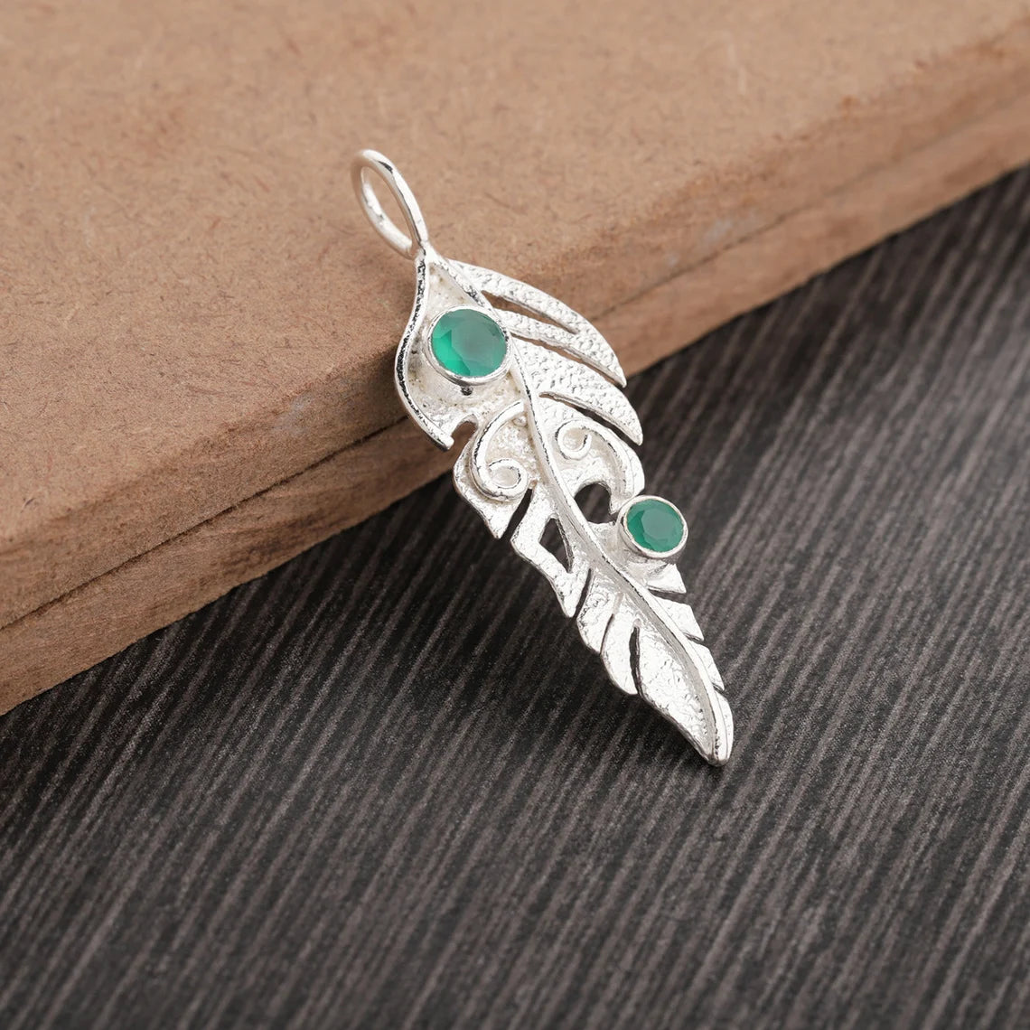 Natural Green Onyx fern leaf pendant necklace