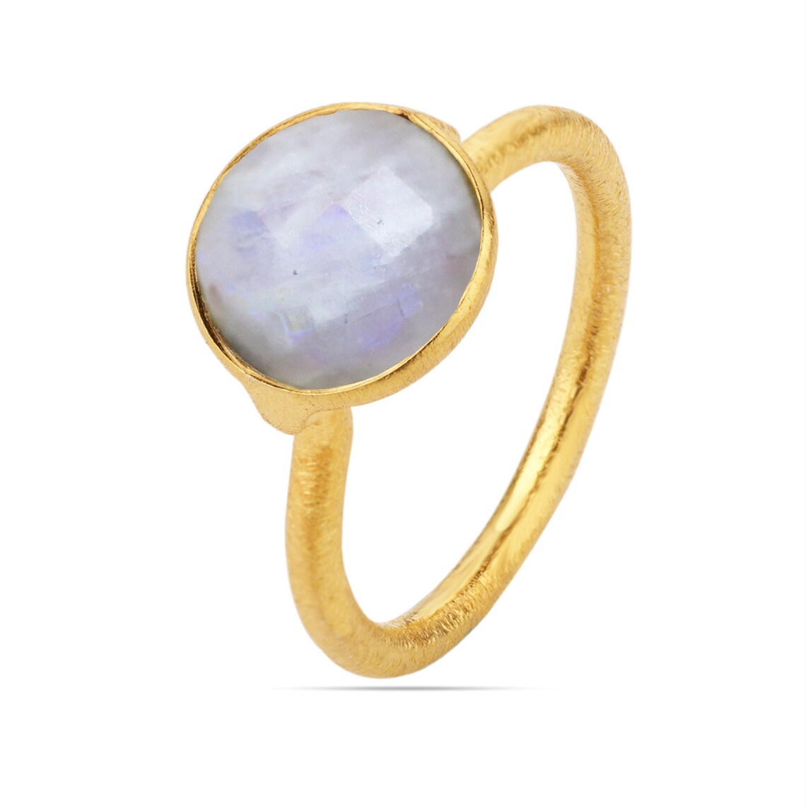 Rainbow Moonstone Gold Ring, 925 Sterling Silver Moonstone Ring, June Birthstone Ring, Round Moonstone Gold Ring, Gift For Her, Boho Ring