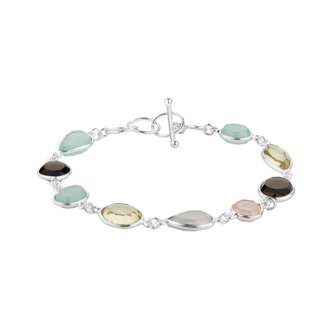 Multi Gemstone Silver Bracelet - Chalcedony, Smoky Quartz, Aqua Onyx Bracelet - Rose Cut Bracelet - Sterling Silver Toggle Clasp Bracelet
