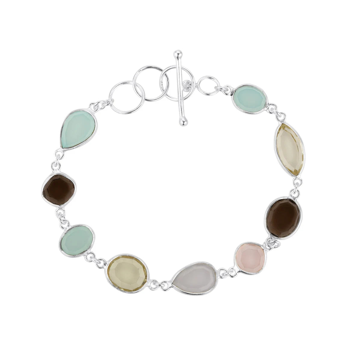 Multi Gemstone Silver Bracelet - Chalcedony, Smoky Quartz, Aqua Onyx Bracelet - Rose Cut Bracelet - Sterling Silver Toggle Clasp Bracelet