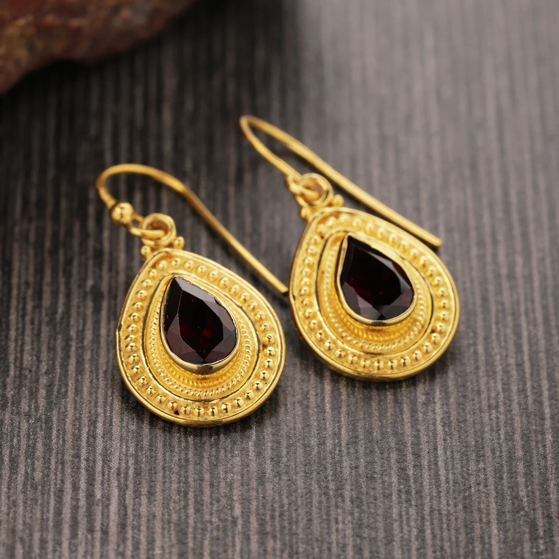 Natural garnet earrings, bridesmaids earrings, boho earrings wedding jewelry, Sterling silver earrings, ring-earrings set, silver jewelry