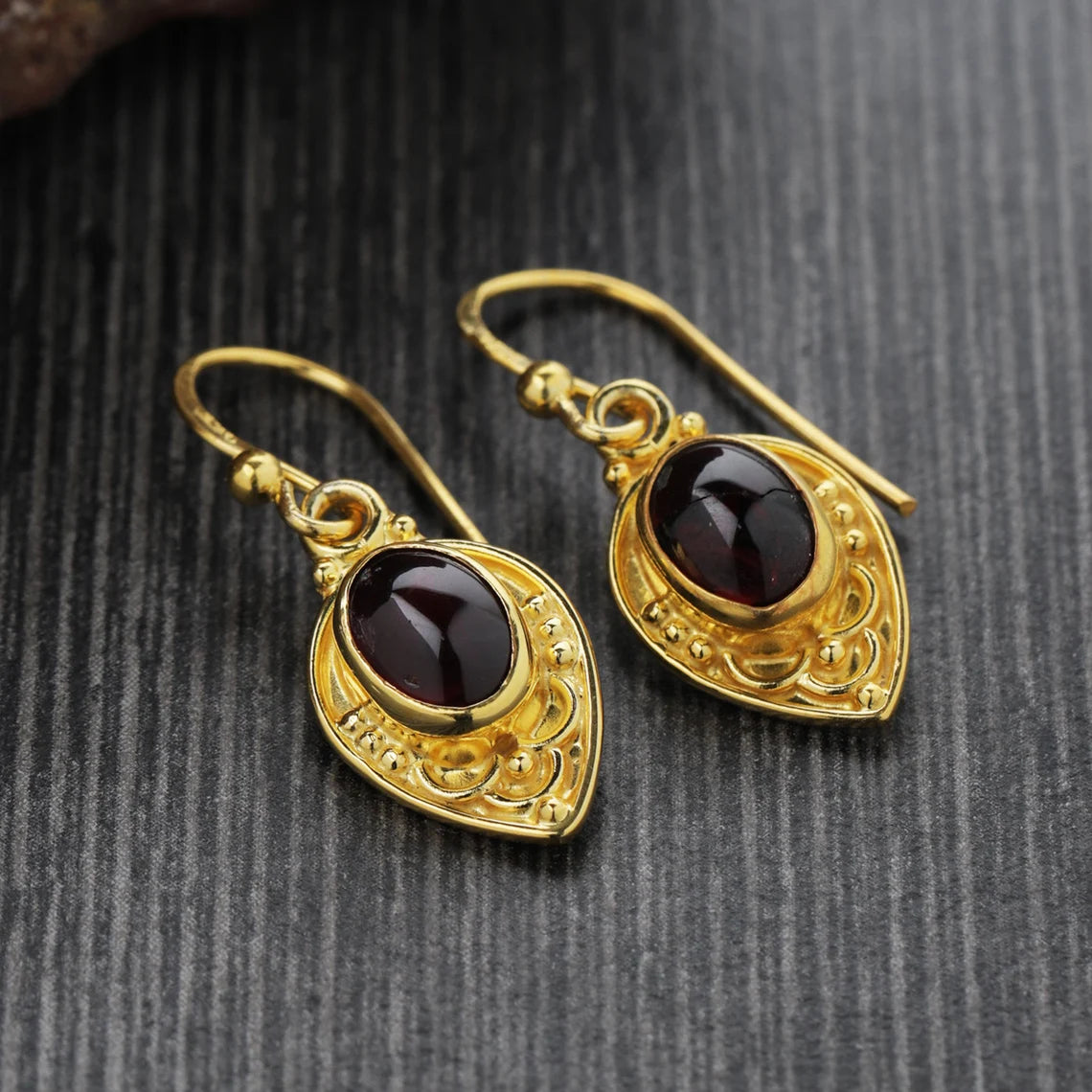 Natural Garnet Earrings,Garnet Dangle Earrings, Garnet Drop Earrings, Garnet Cabochon Earrings,Garnet Gold Earrings, Garnet Handmade Earring