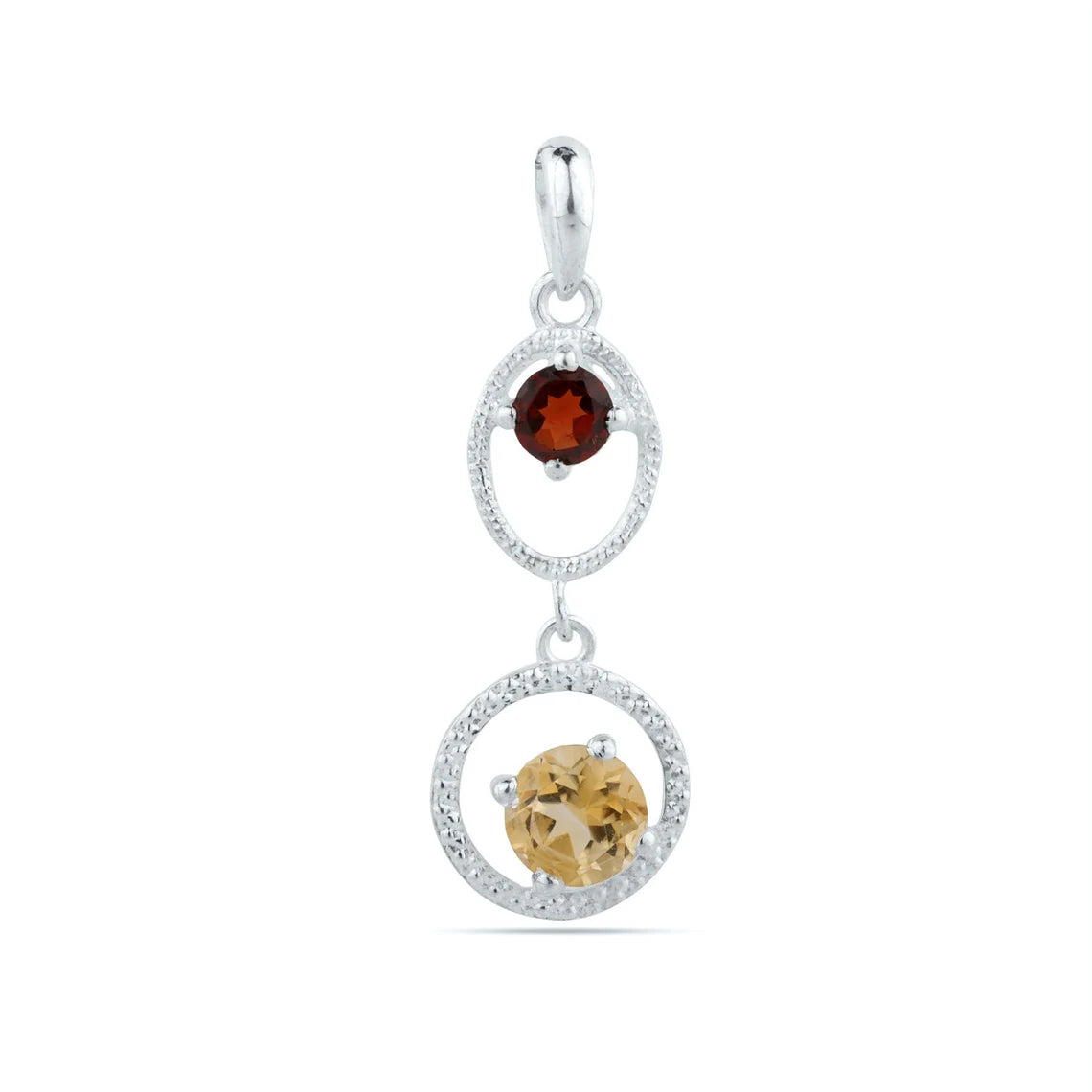 Garnet Citrine Gemstone Pendant- Round Cut Pendant - Sterling Silver Citrine Pendant - stamped 925 Pendant