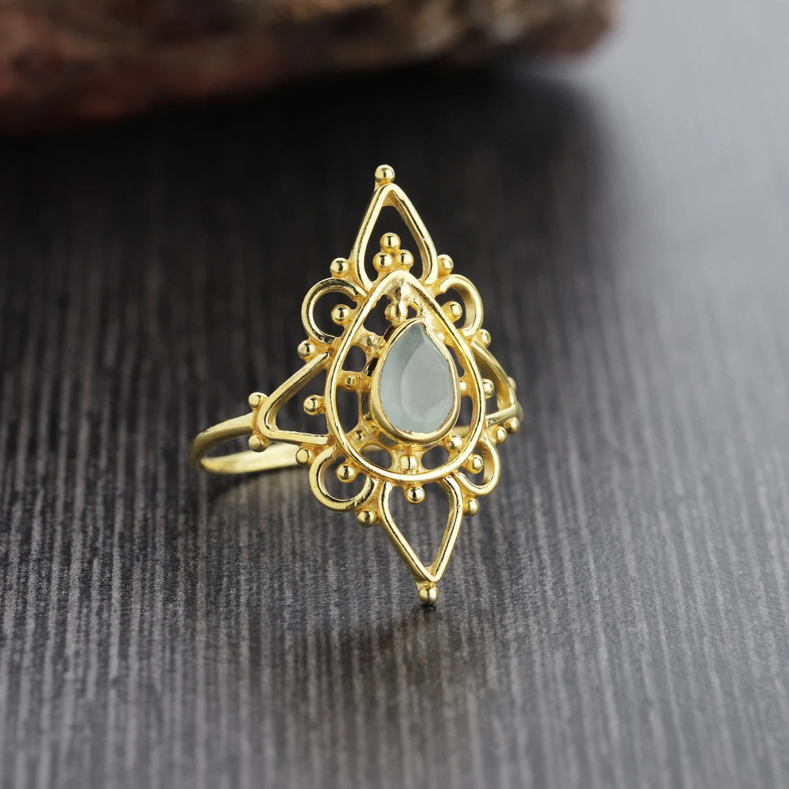 Aqua Onyx Ring - 925 Sterling Silver with Gold Plating, Handmade, Stackable, Designer, Pear Ring