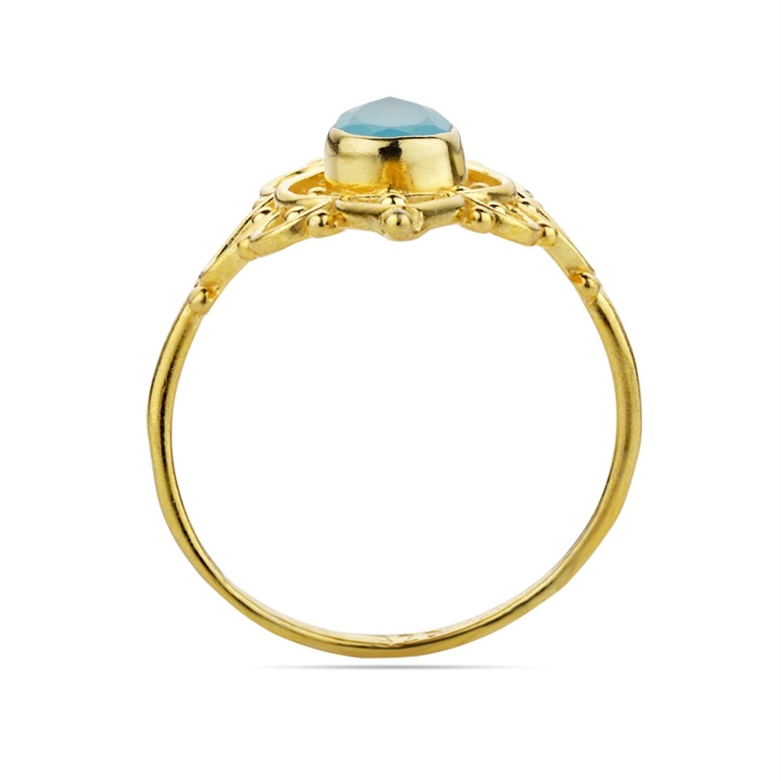 Designer Pear Shape Blue Chalcedony Ring in Sterling Silver with Gold Plating