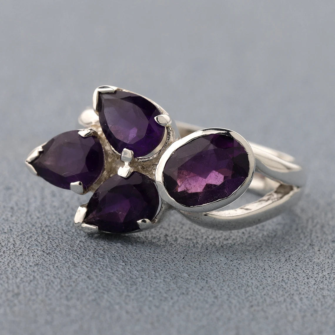 Amethyst Sterling Silver Ring, Amethyst Gemstone Ring, Prong Setting Ring, Amethyst Multi Stone Ring