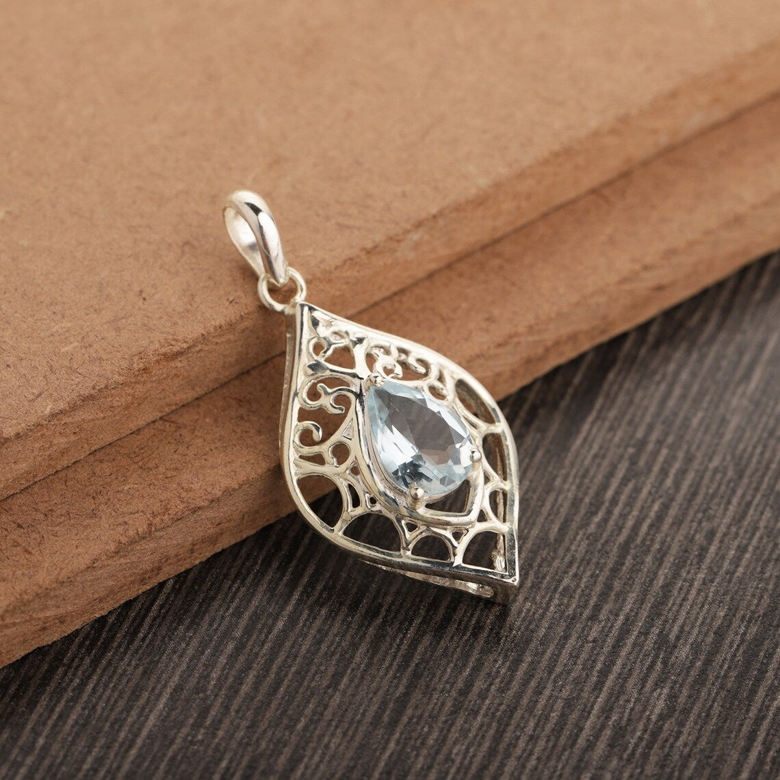 Natural Blue Topaz Pendant-Handmade Silver Pendant-925 Sterling Silver Pendant-Teardrop Blue Topaz Pendant, Women's Anniversary Pendant