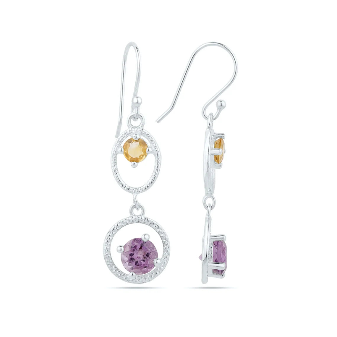 Citrine and Amethyst Earrings - Round amethyst with citrine Gemstone 925 Sterling Silver Earrings