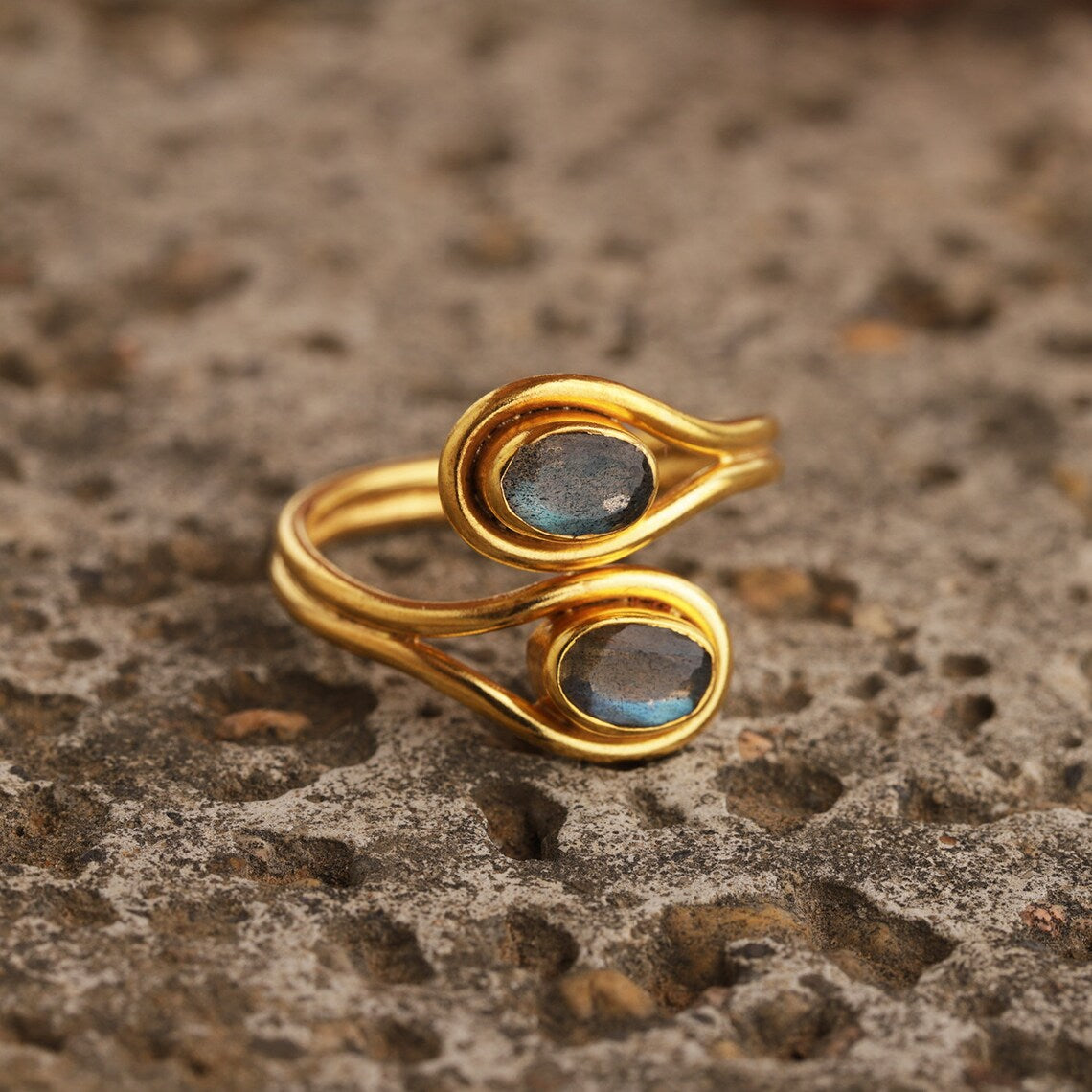 Labradorite ring, adjustable ring, oval ring, 2 labradorite gemstone ring, statement ring Labradorite Ring, Open Ring.