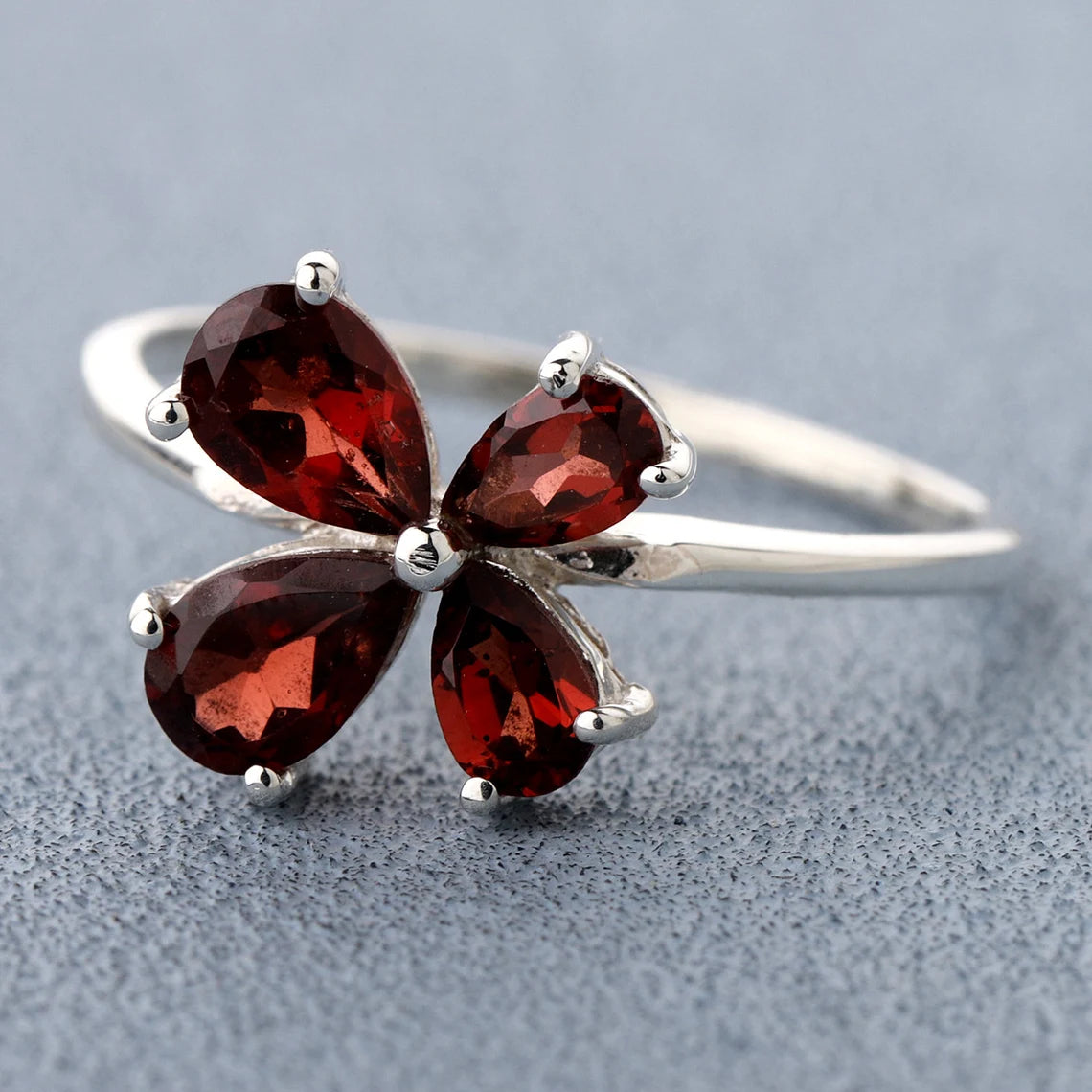Natural Garnet Flower Pear Silver Ring