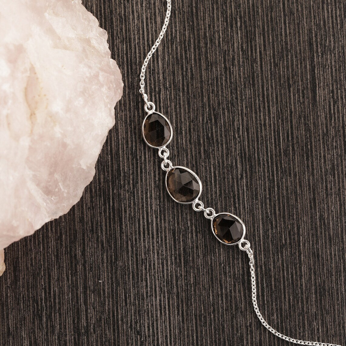 Smoky Topaz Rose Cut Silver Bracelet, Smoky Quartz Bracelet