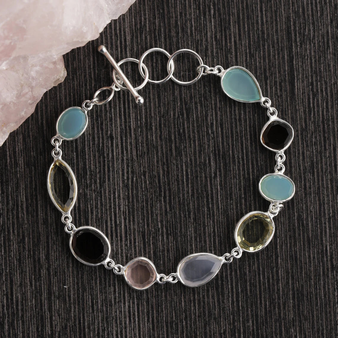 Multi Gemstone Silver Bracelet - Chalcedony, Smoky Quartz, Aqua Onyx Bracelet - Rose Cut Bracelet - Sterling Silver Toggle Clasp Bracelet