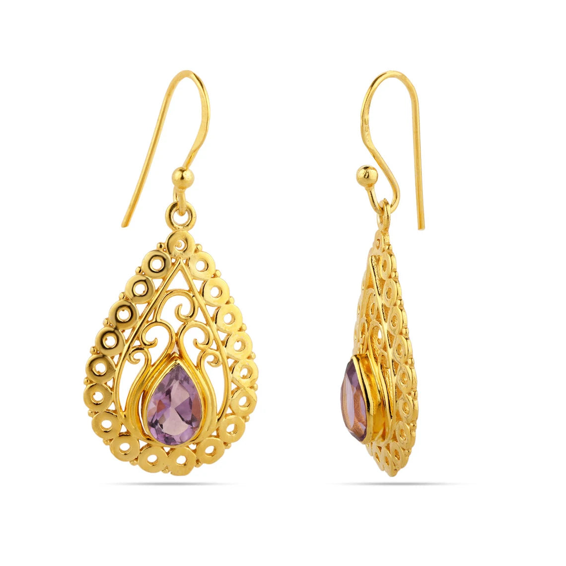 Natural Amethyst Gold Plated Silver Earrings, 925 Sterling Silver Amethyst Gemstone Dangle Earrings