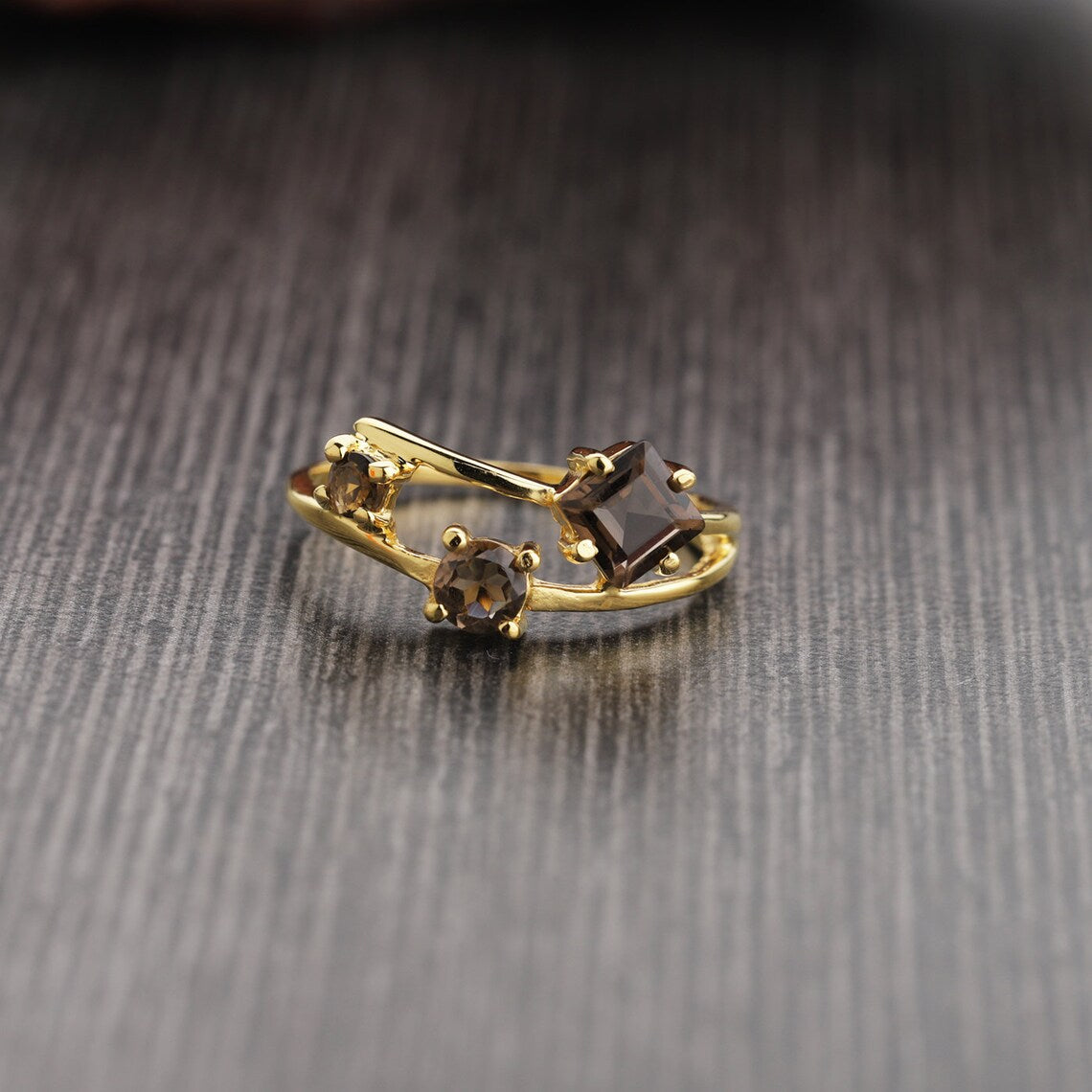 Smoky Topaz Silver Gold Ring, Smoky Quartz Gemstone Ring- Multi Stones ring, Smoky Quartz Ring