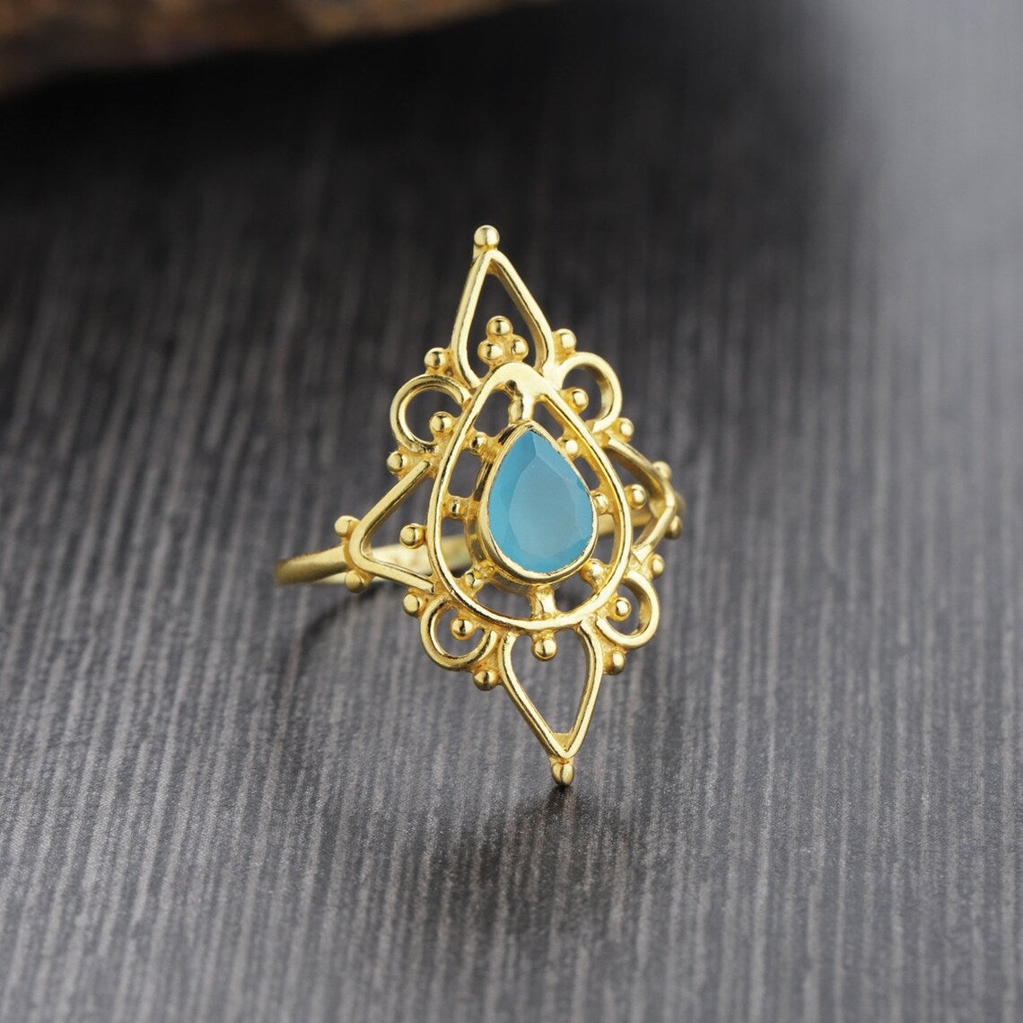 Designer Pear Shape Blue Chalcedony Ring in Sterling Silver with Gold Plating