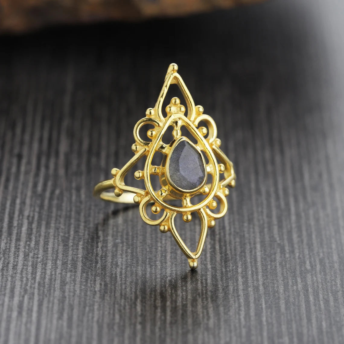 Labradorite Ring - Pear Ring - Designer Ring - Gemstone Ring - Stacking Ring - Gold Ring - Bridal jewelry 18k Gold Plated Ring