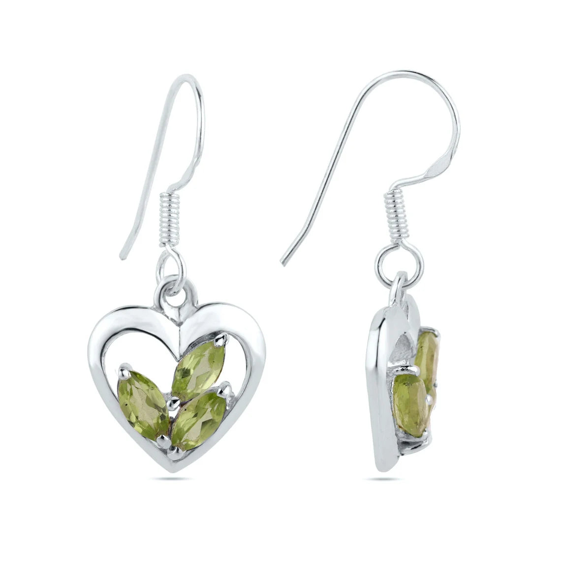 Peridot Heart Earrings, August Birthstone, Peridot silver earrings,