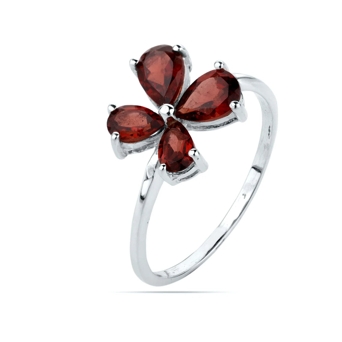 Natural Garnet Flower Pear Silver Ring