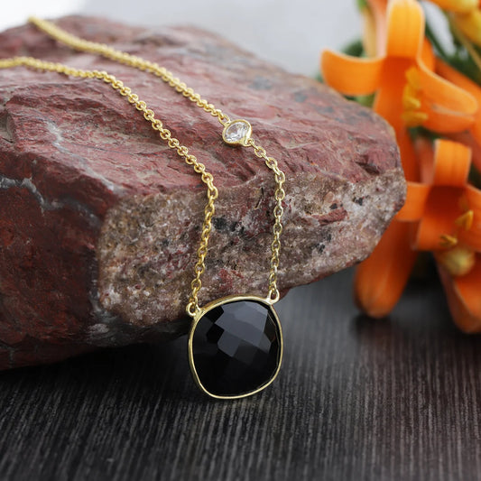 Black Onyx Cushion Necklace, Sterling Silver in Gold Plated - Chain Necklace