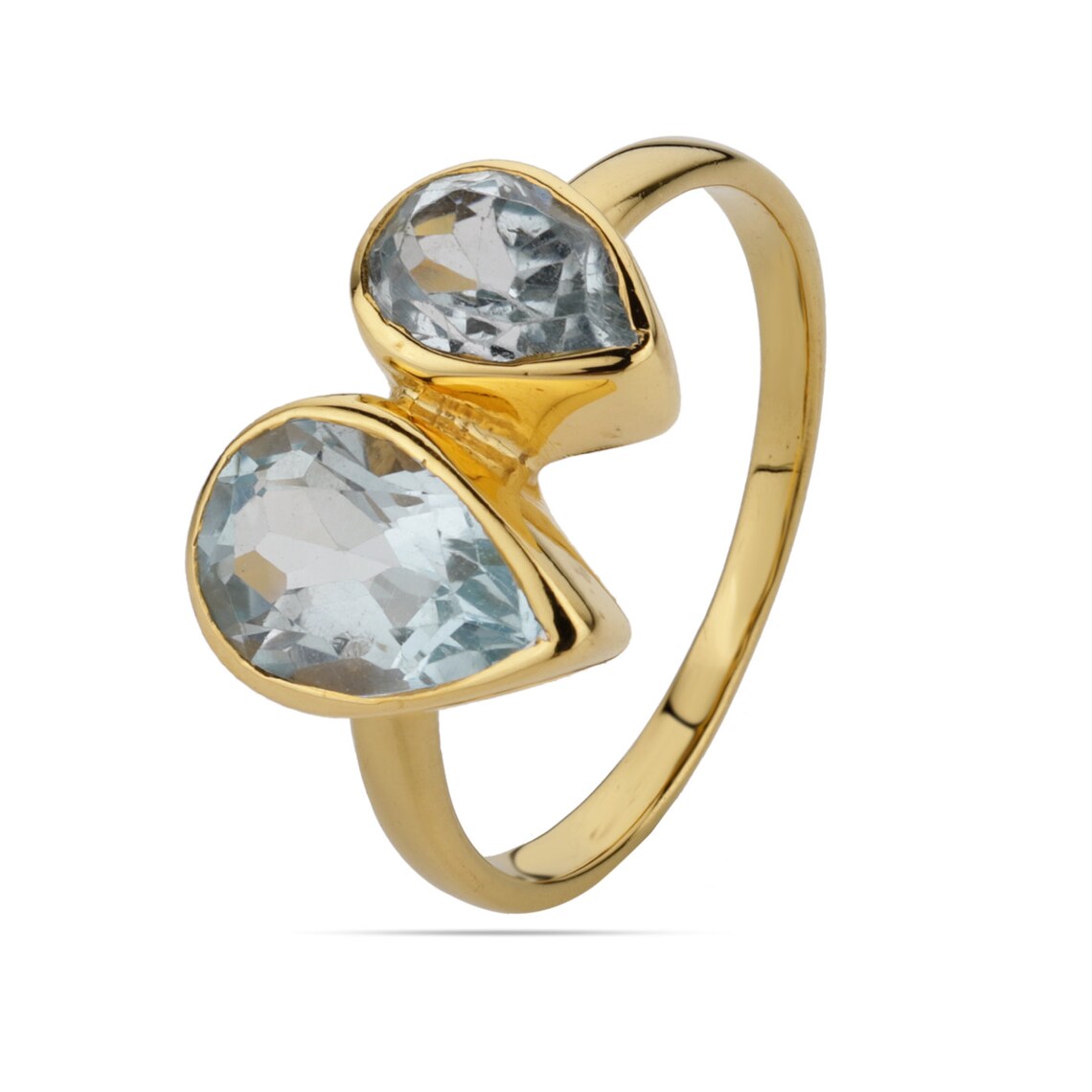 Faceted Pear Shape Blue Topaz Studded Stering Silver wth Gold Plated Ring