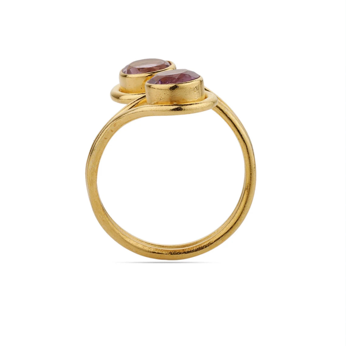 Gold Amethyst Ring - Adjustable Band Ring - Round Amethyst Two Gems Ring - Handmade Ring