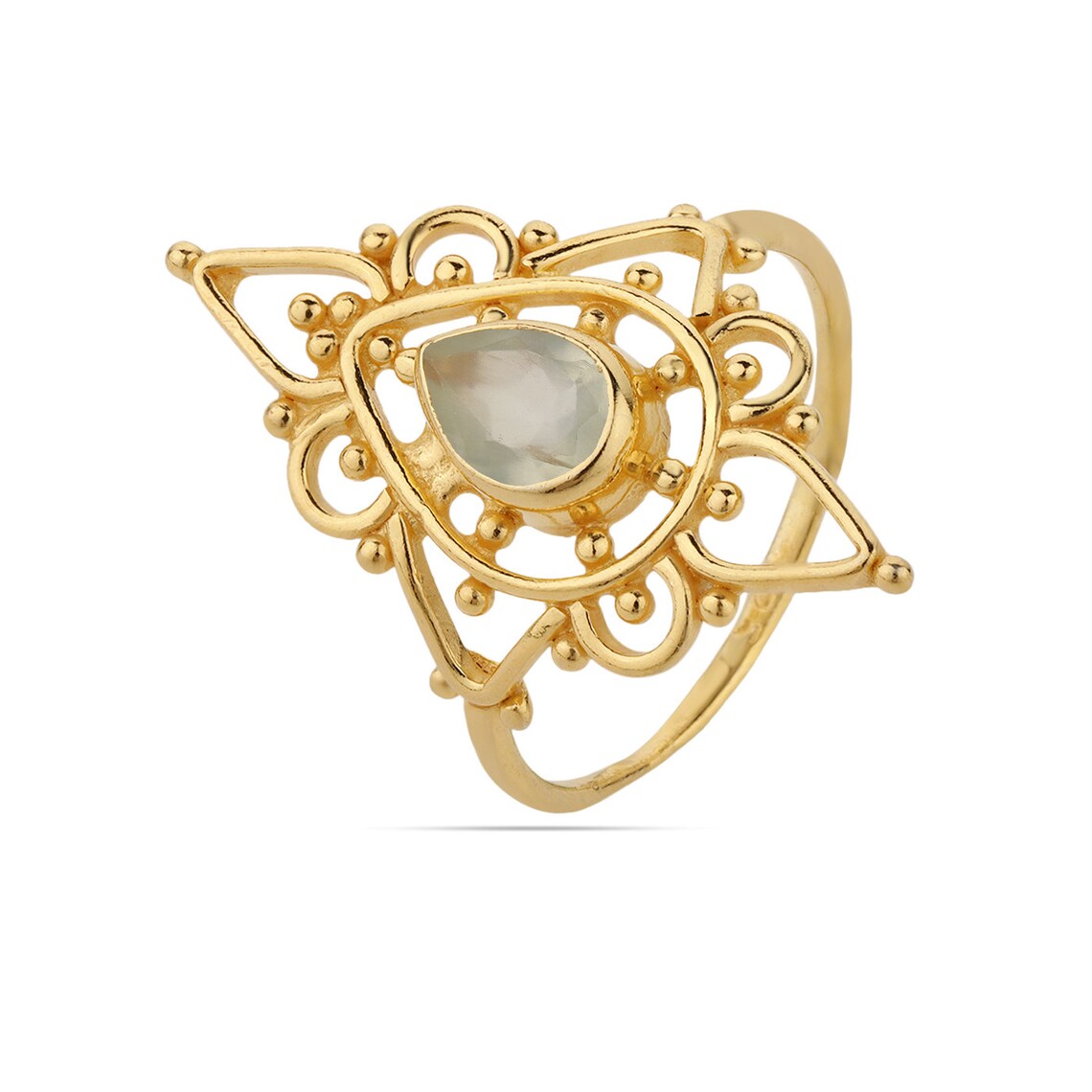 Aqua Onyx Ring - 925 Sterling Silver with Gold Plating, Handmade, Stackable, Designer, Pear Ring