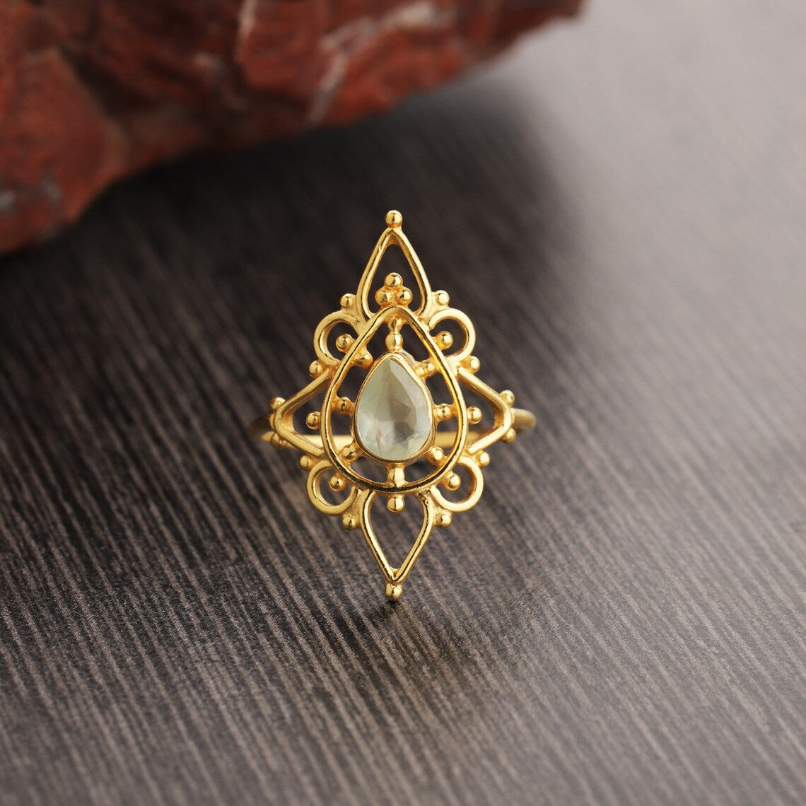 Aqua Onyx Ring - 925 Sterling Silver with Gold Plating, Handmade, Stackable, Designer, Pear Ring