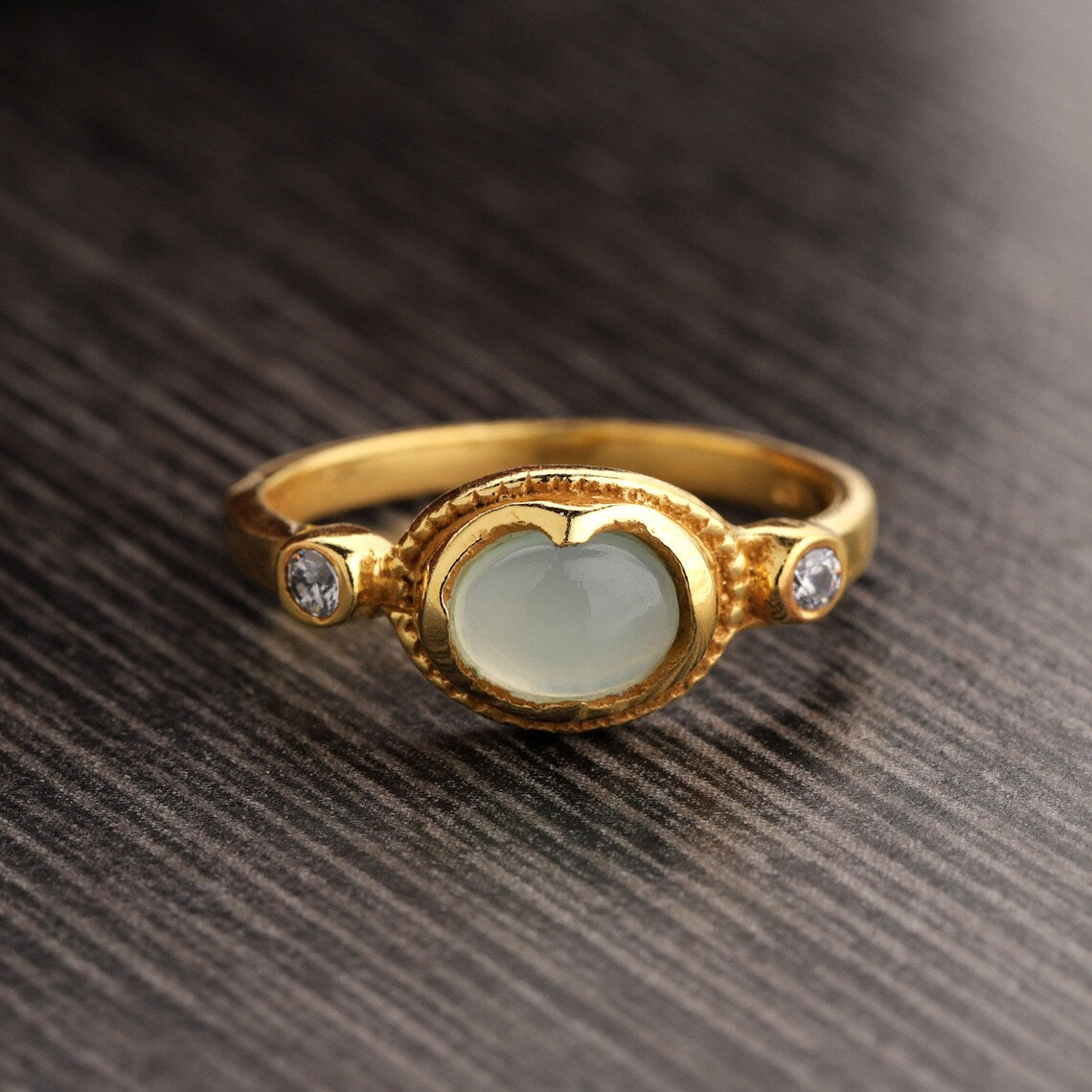 Gold Plated on 925 Sterling Silver Ring - Aqua Chalcedony Ring, Gold Ring, Stacking Ring, CZ and Chalcedony ring, Oval Shape Ring, Aqua Chalcedony Gemstone ring,