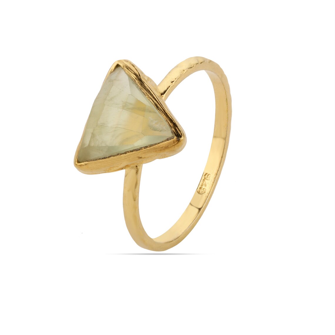 Natural Prehnite Faceted Trillion Gold Ring, Prehnite Gemstone Ring, Gold Plated Sterling Silver Prehnite Ring