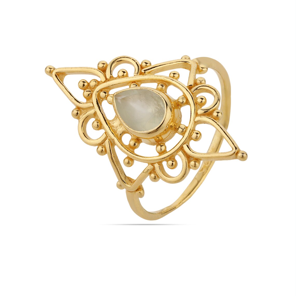 Natural Prehnite Gold Ring.Sterling Silver Gold Plated Ring/Stackable Ring/Natural Prehnite Gemstone Ring/Pear Gemstone Ring