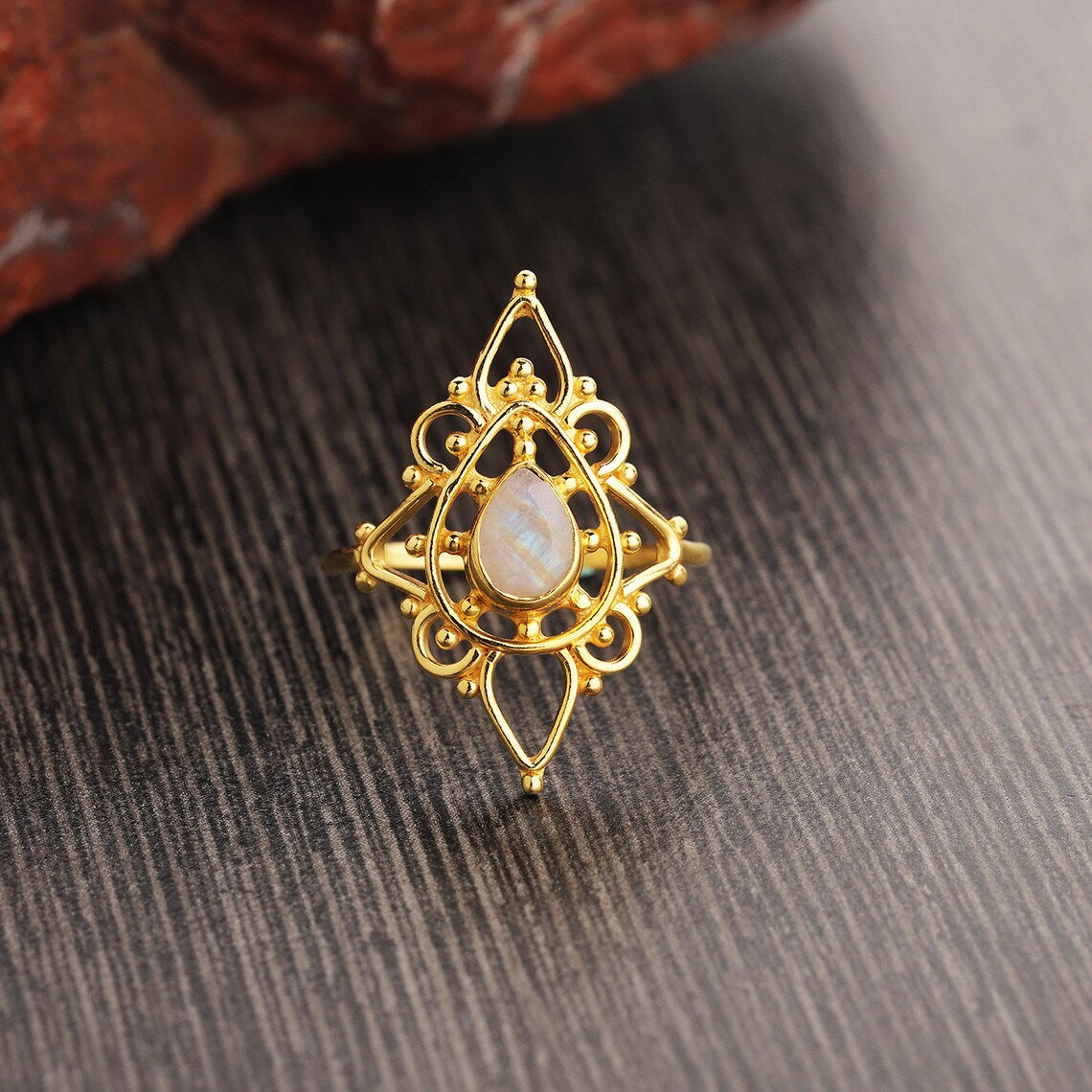 Boho Sterling Silver Ring - Handmade - Pear Moonstone Stone - Gold Plated Ring