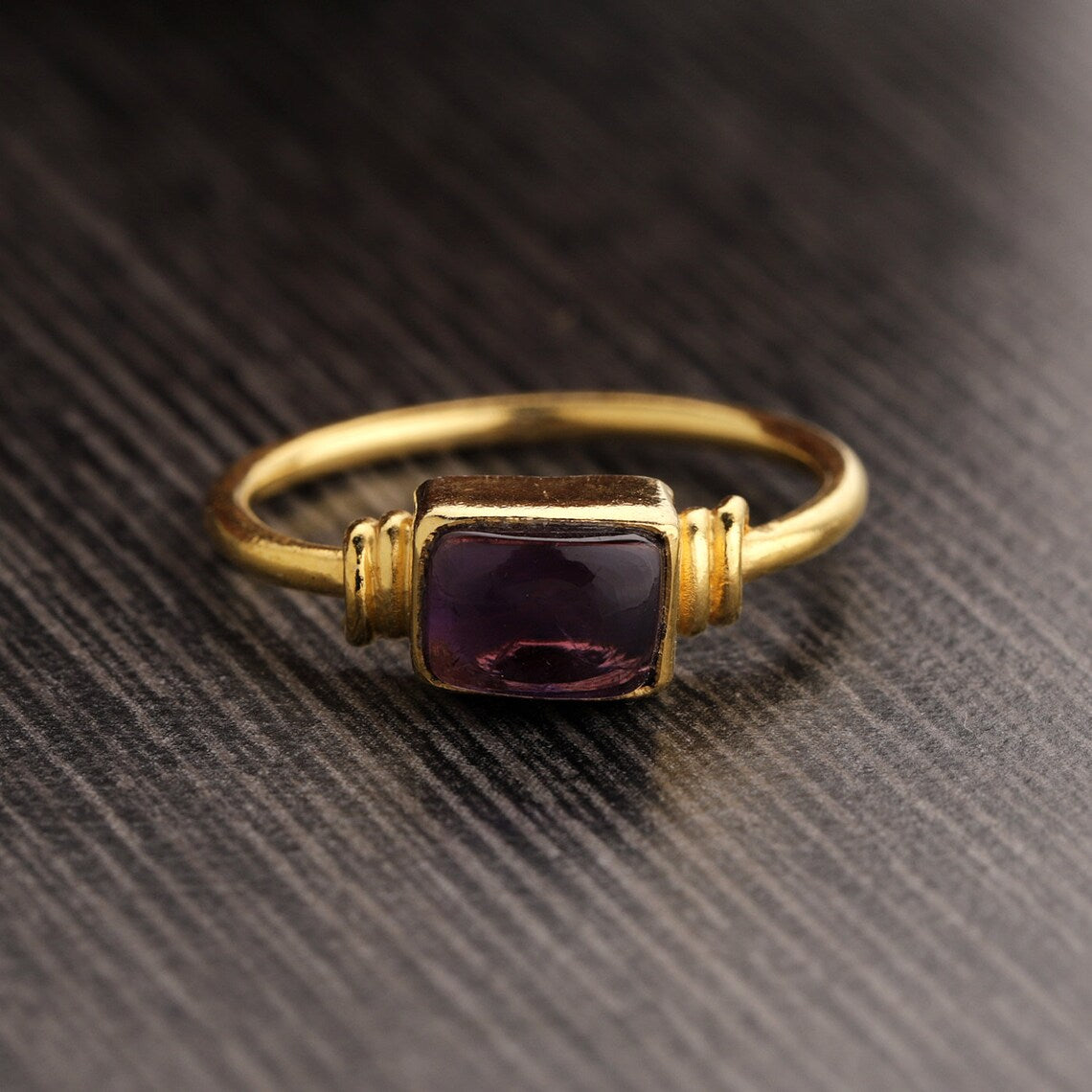 Amethyst Ring - Gold Plated on 925 Sterling Silver Ring - Baguette Shape Stone Ring