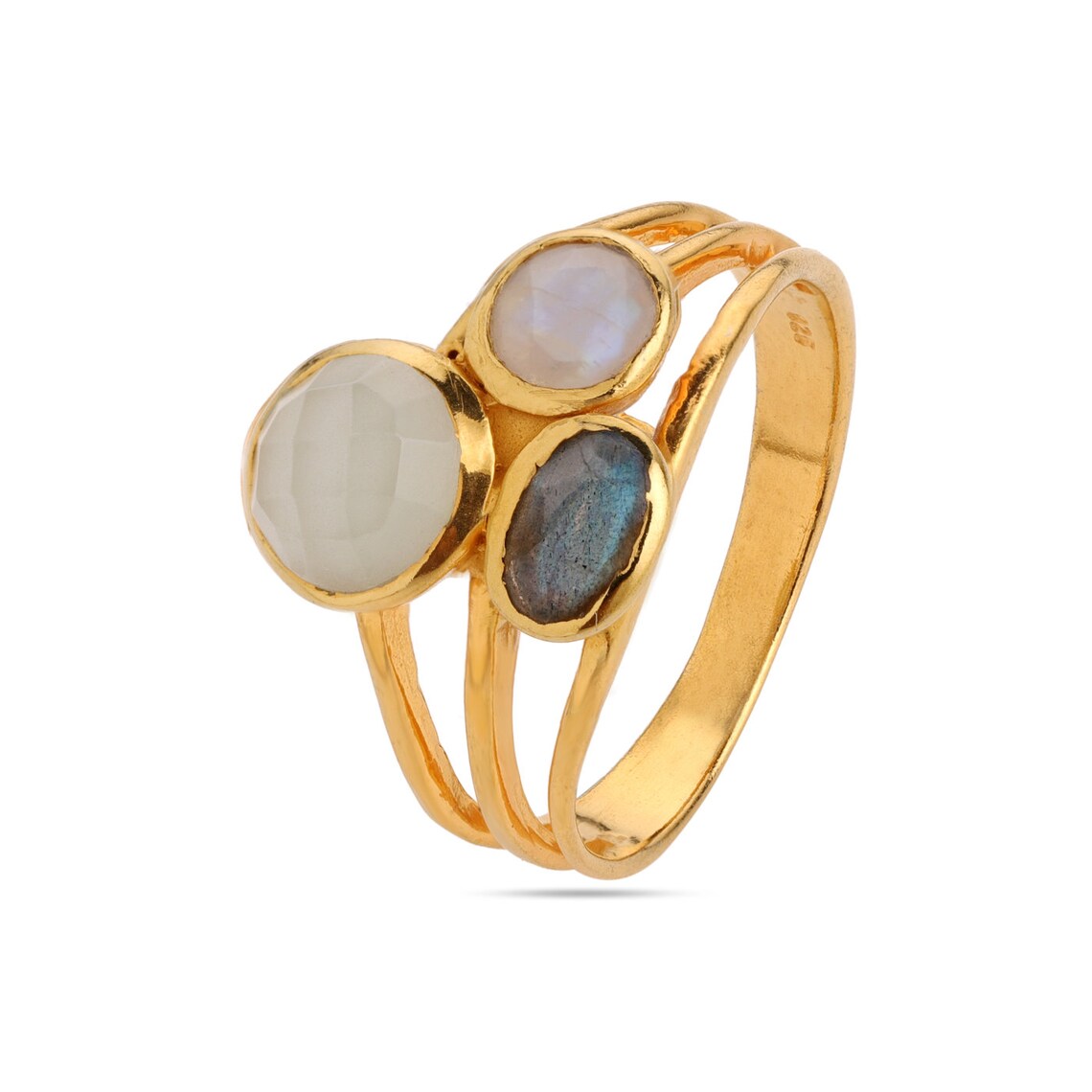 Labradorite Moonstone Chalcedony Ring, Cluster Ring, Multi Gemstone Gold Ring
