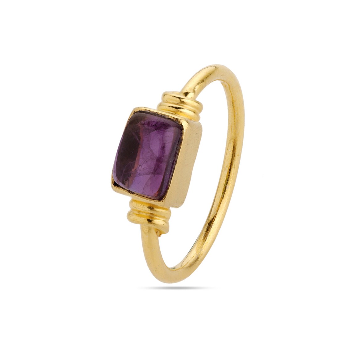 Amethyst Ring - Gold Plated on 925 Sterling Silver Ring - Baguette Shape Stone Ring