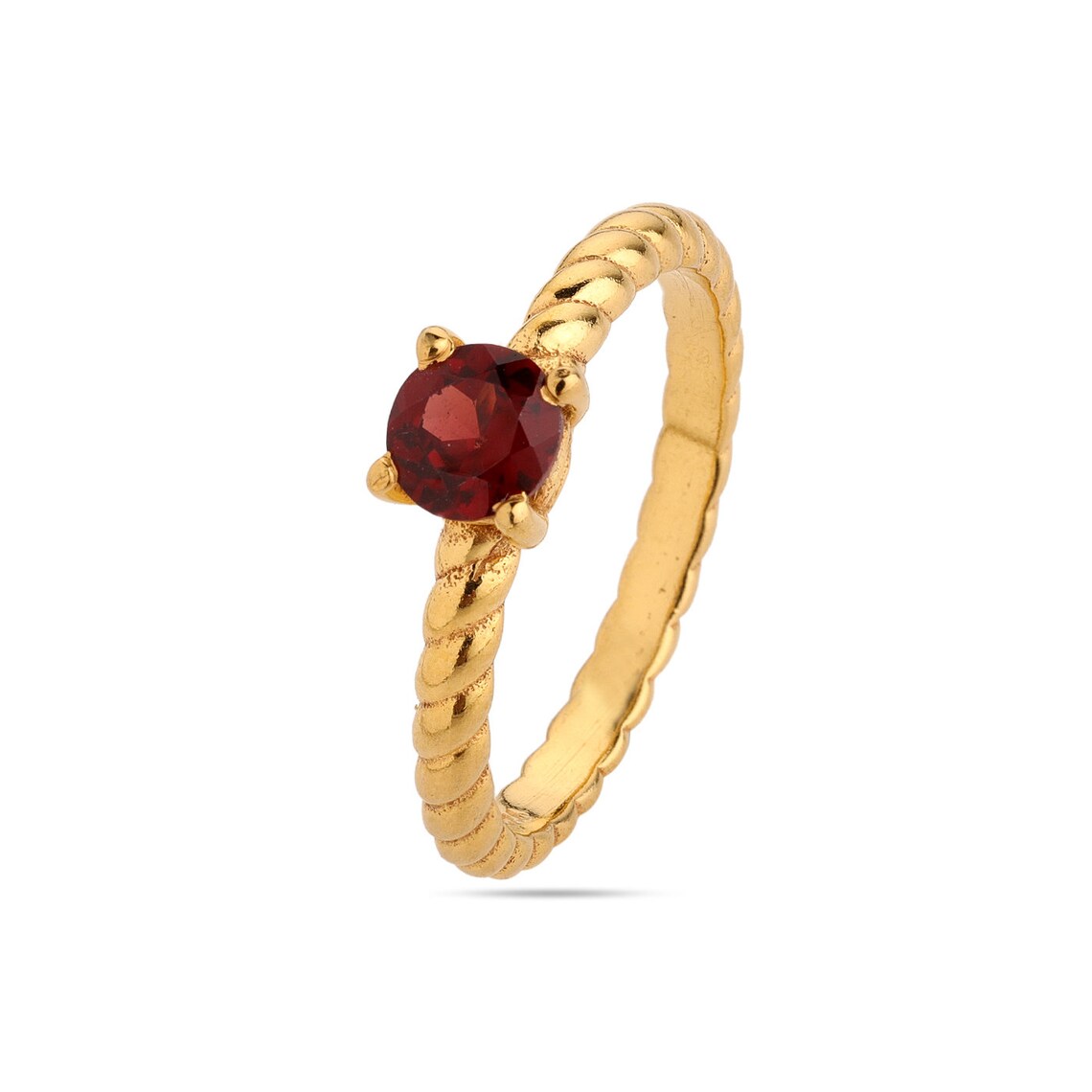 Natural garnet round gemstone ring, Prong set Garnet ring, garnet gemstone twisted band ring, Gold Plated garnet ring, minimalist ring