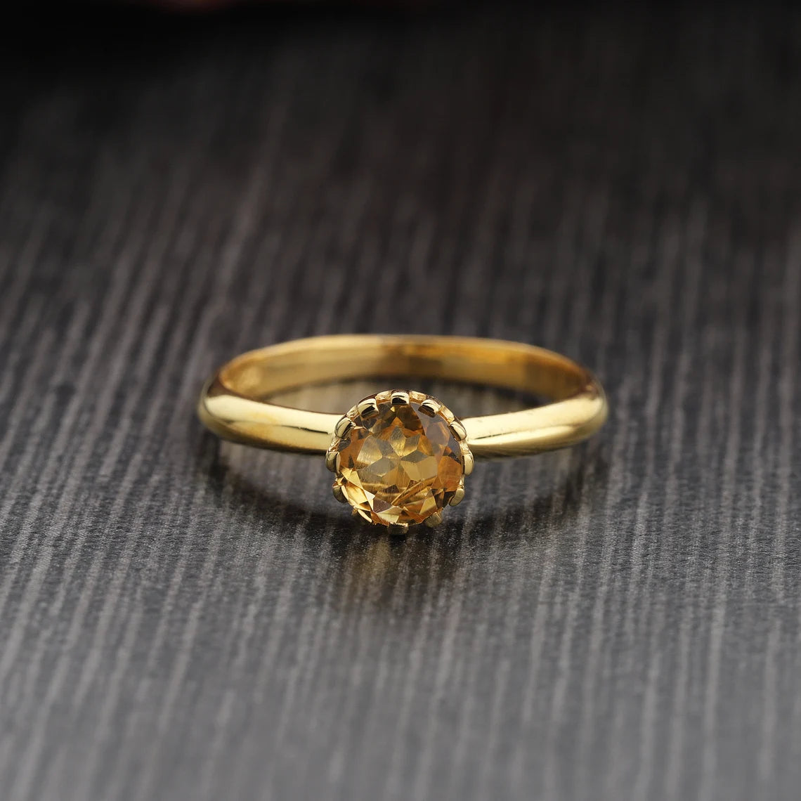 Natural Citrine Gold Ring, Round Cut Citrine Ring, Citrine Gemstone Sterling Silver Ring, Citrine Birthstone Ring, Citrine Prong Ring