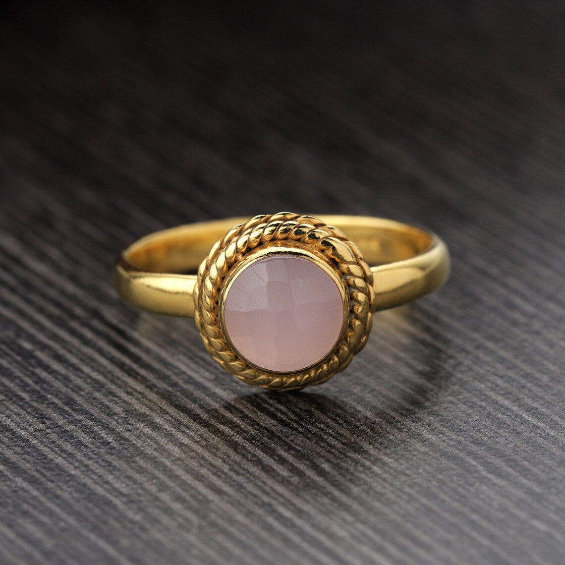 Pink Chalcedony Ring, 925 Sterling Silver Round Chalcedony Gold Ring