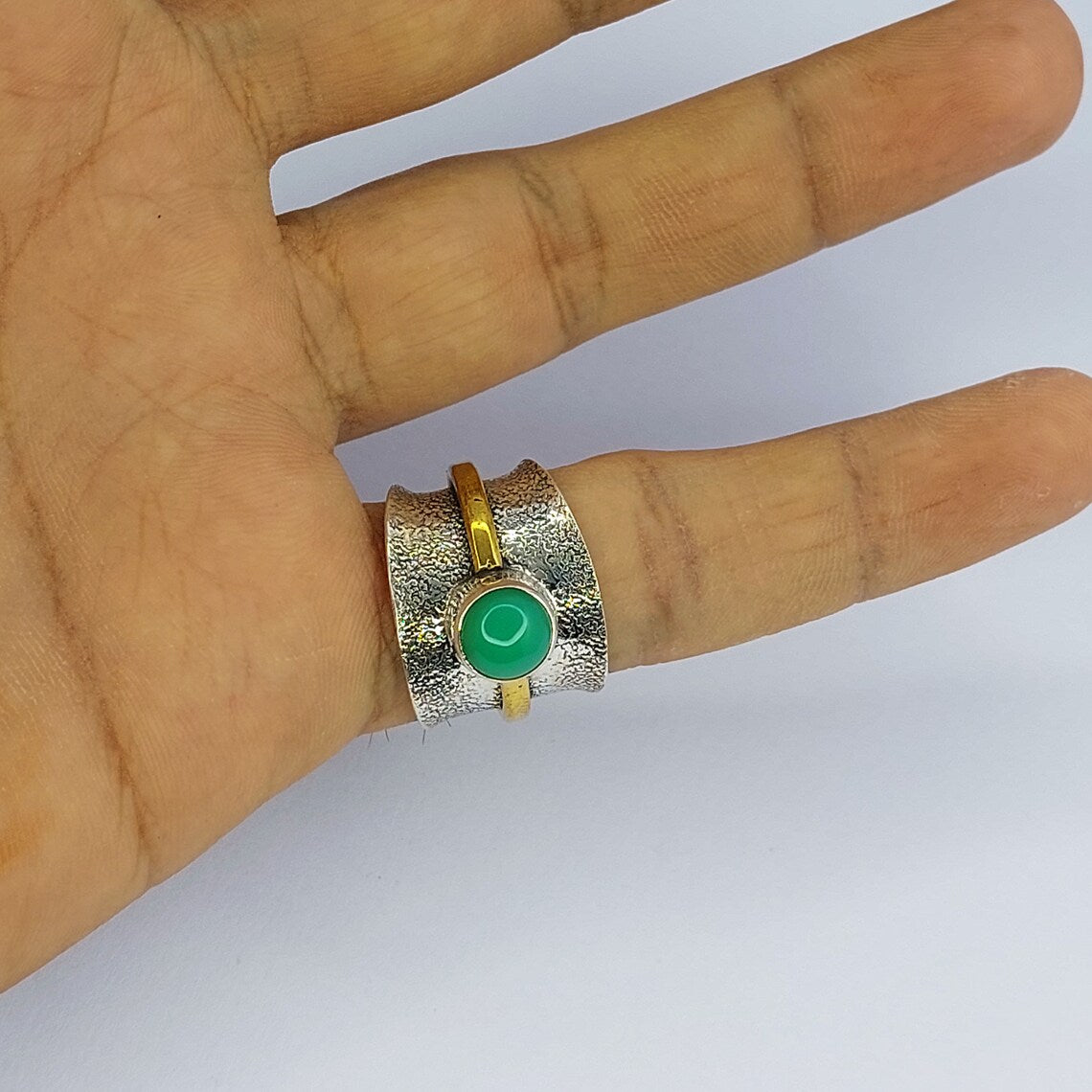 Chrysoprase Thumb Ring, Sterling Silver Ring, Handcrafted Boho Ring, Chryso Onyx Silver Band Ring, Wedding Ring Gift For Her Gift Item Ring