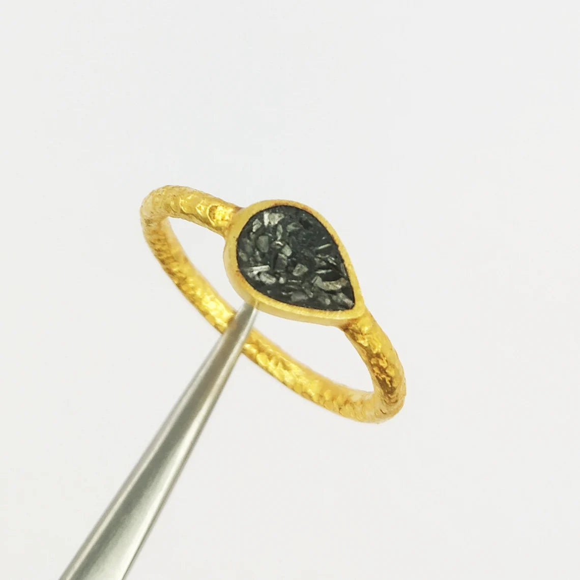Black Diamonds Gold Ring, Scratched Band Ring, Black Gemstone Gold Ring