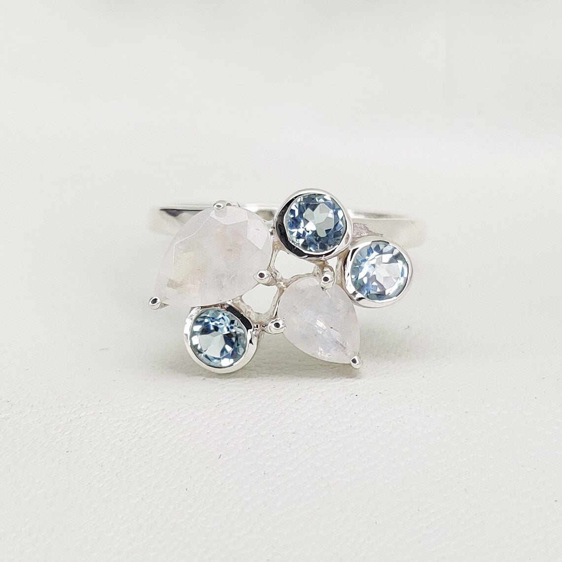 Rainbow Moonstone Ring, Blue Topaz Ring, Multi Gemstone Ring, Handmade Designer Ring,Womens Ring, Promise Ring, Wedding Band, Christmas Ring