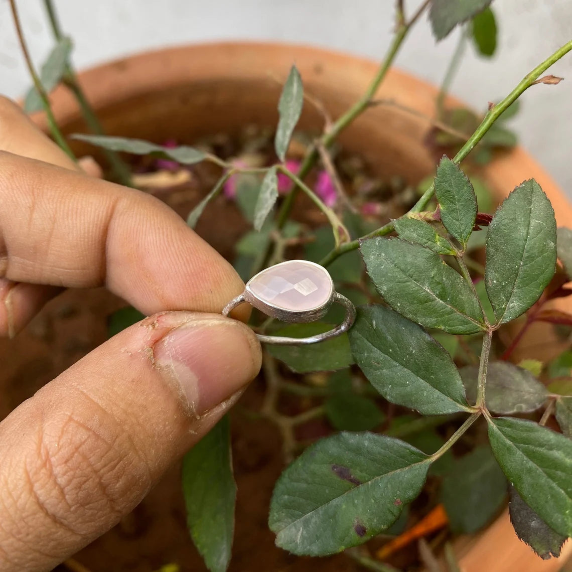 Rose Quartz Pear Ring, Pear Rose Quartz Ring, Propose Ring, horizontal ring, scratched band finish ring
