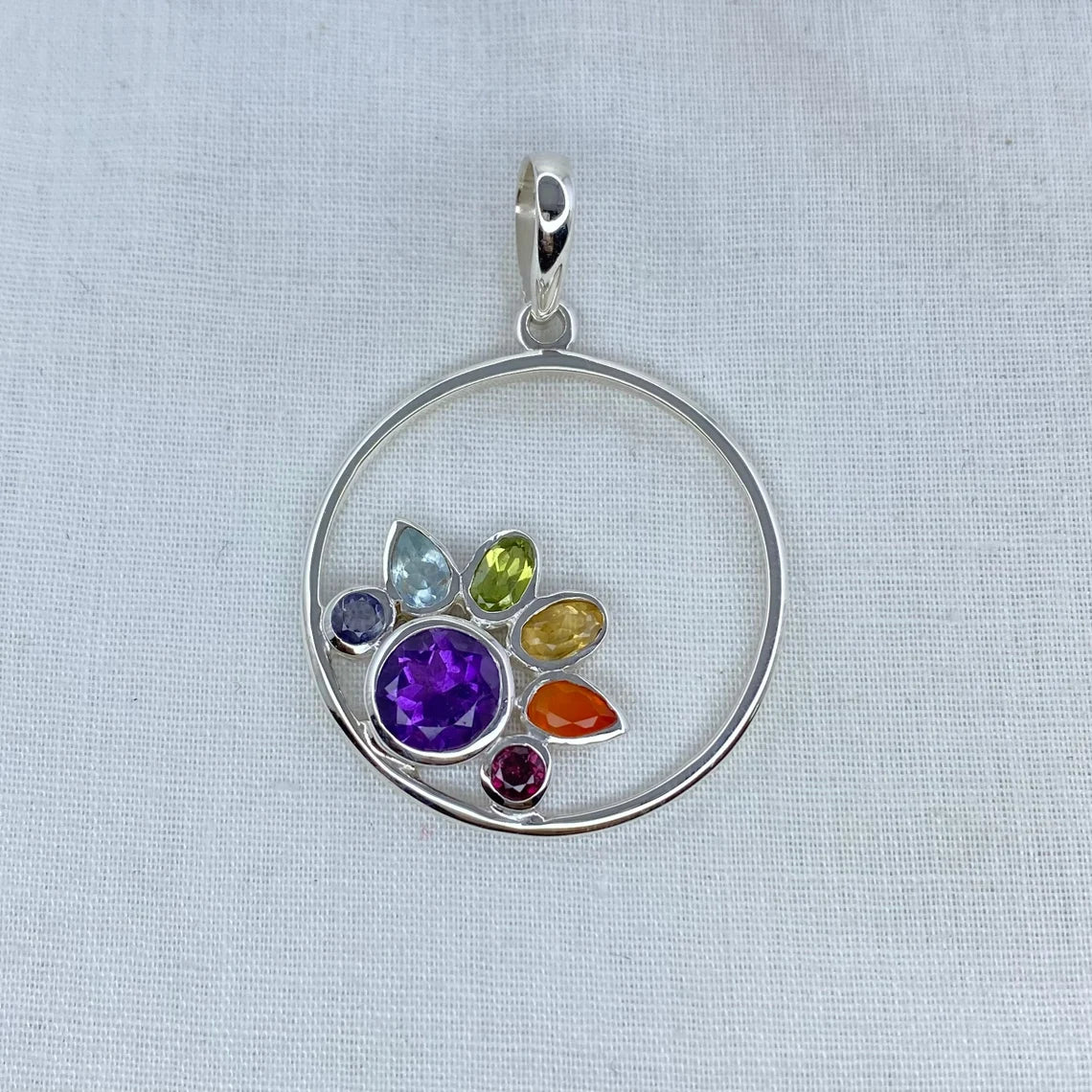Multistone Silver Pendant, Garnet Amethyst Citrine Peridot Iolite Carnelian Blue Topaz Pendant, Sterling Silver Pendant, Multi Gemstone