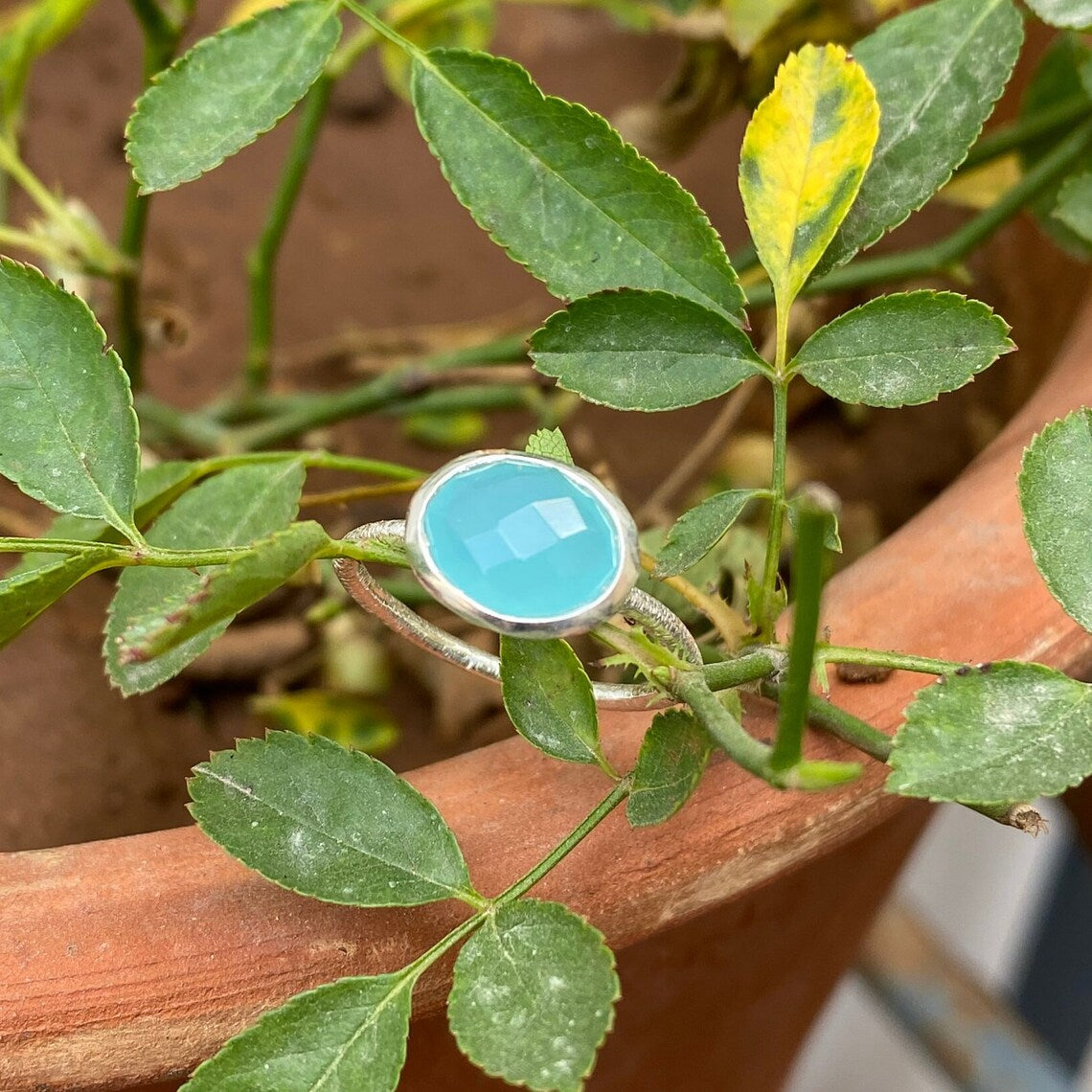 Scratched Band Ring - Blue chalcedony Oval Shape Sterling Silver Ring
