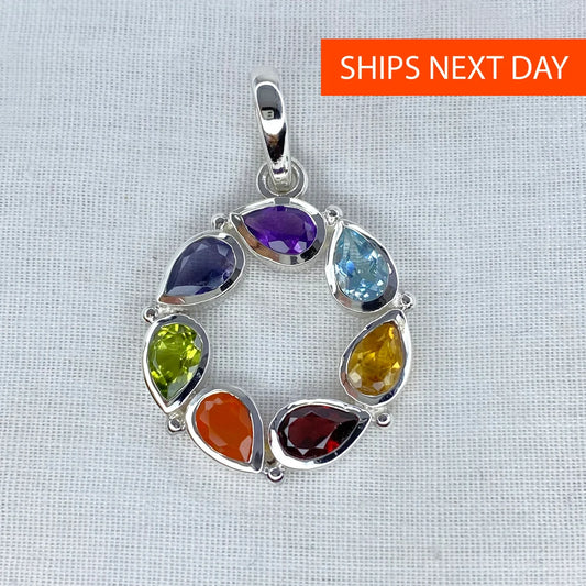 7 Chakras Stone Necklace - Solid 925 Sterling Silver - Healing Handmade Pendant Jewelry with Real Gemstones